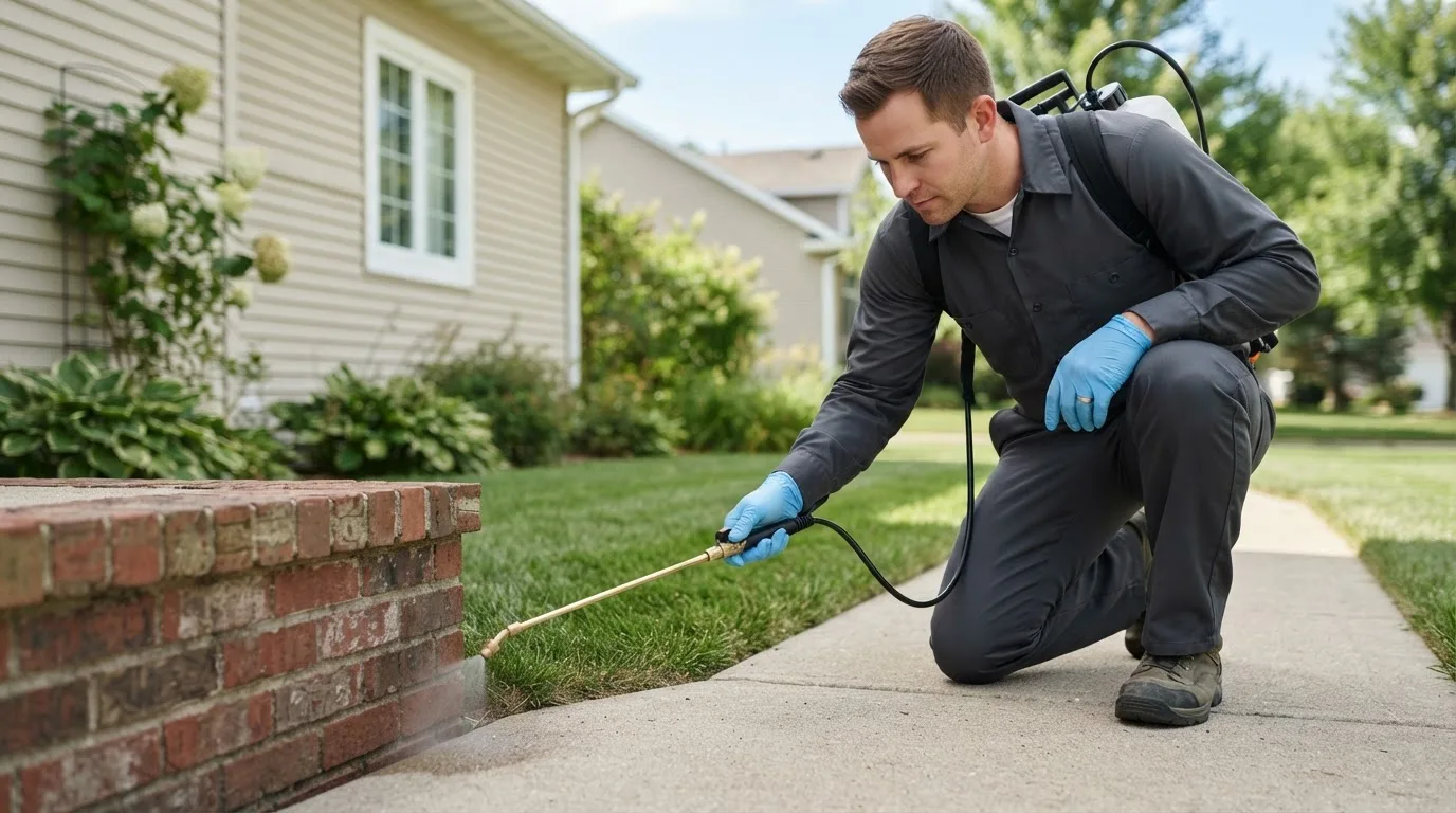 Pest control technician treating a home near Gibsonburg, OH